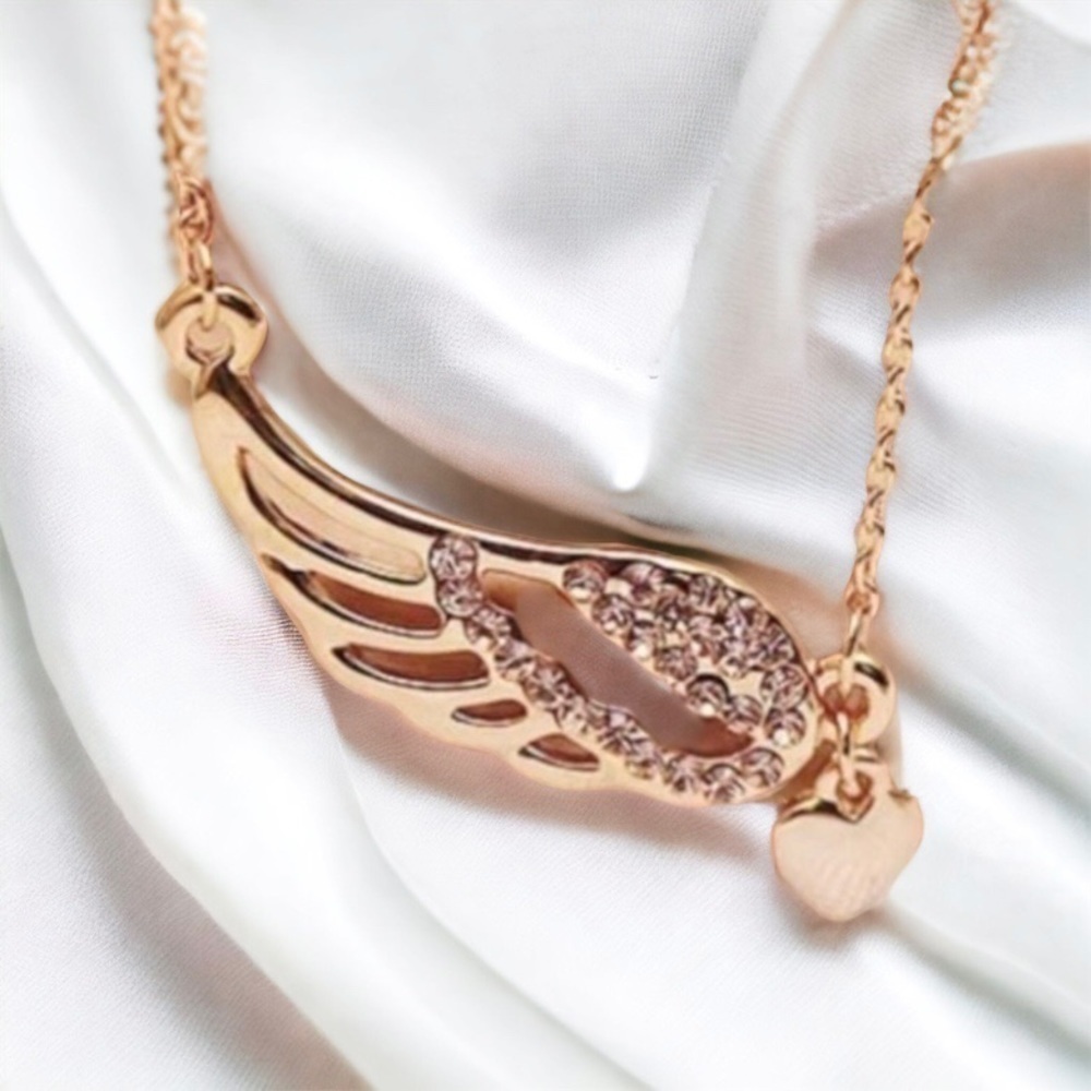 NEW Gold Angel Wing Necklace Heart Charm Rolo Chain With Crystals and Heart